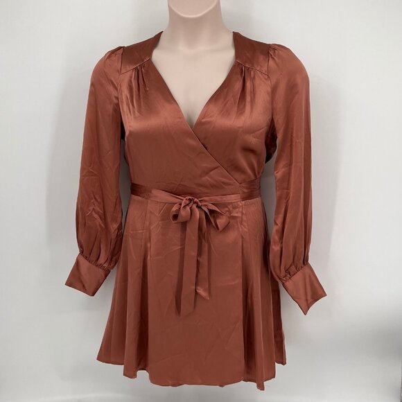 Reformation Silk Mini Dress Size M Rust Wrap Tie Waist Long Sleeve V-Neck - Picture 1 of 9